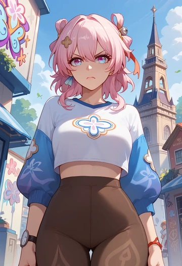 star rail,march 7th,cropped graffiti sweatshirt,dolphin shorts  - AI generated anime art